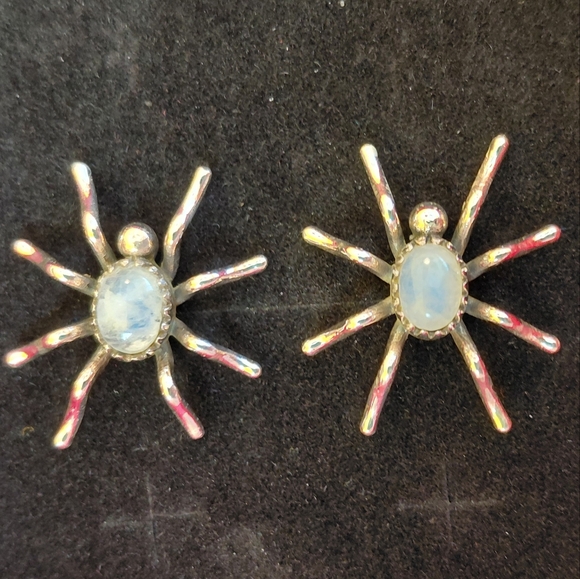 Jewelry - Spider Shaped Moonstone Silver Stud Statement Earrings